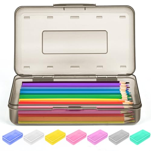 Image of Sooez 1 Pack Clear Pencil Box, Plastic Hard Pencil Case with Stickers, Large Crayon Box with Snap-tight Lid, Stackable Storage Art Craft Marker Organizer Boxes for Kids Boys Back to School, Gray