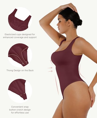 Image of FeelinGirl Bodysuits for Women Seamless Square Neck Tummy Control Compression Thong Shapewear Bodysuit Tank Tops Bodysuit