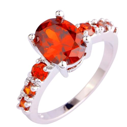 Emsione 925 Silver Plated Oval Created Garnet Promise Eternity Women's Band Rings Color Red Size 6