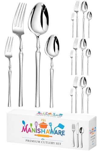 Image of 16 Pcs Silver Stainless Steel Spoon Fork Set for Dining Table | 4 Dinner Spoons, 4 Dinner Forks, 4 Dessert Spoons & 4 Fruit Forks (Perfect Spoon Fork Set for Kitchen)