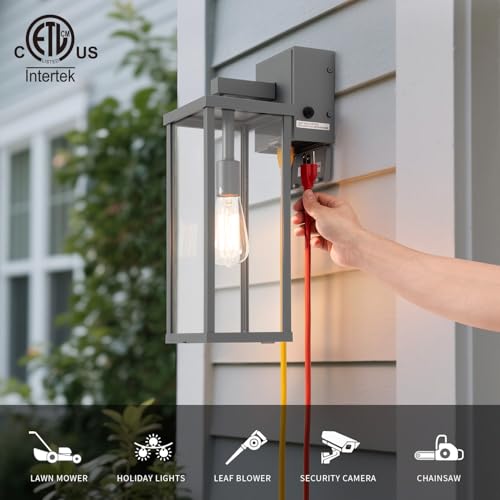 Image of mirrea 18 inch Classic Outdoor Wall Sconce with Built-in GFCI Outlet 1 Light in Matte Gray Rectangular Metal Frame and Clear Glass Shade Waterproof Porch Light Patio Light
