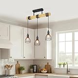 LVWIT Lamparas Colgantes de Techo Negro, Lampara Colgante Isla Cocina, Lámpara de Techo de Madera, Lámparas Colgantes con 3 Cabezales E14,Ideal para Salón,Comedor,Dormitorio,Bar(Sin Bombillas)
