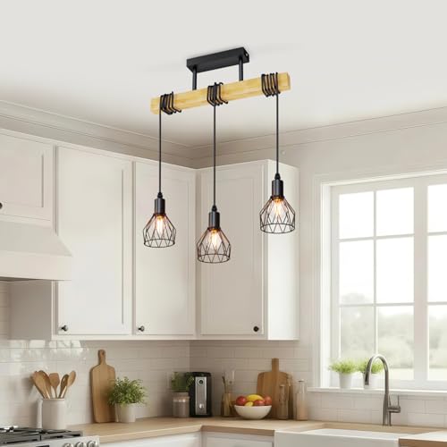LVWIT Lamparas Colgantes de Techo Negro, Lampara Colgante Isla Cocina, Lámpara de Techo de Madera, Lámparas Colgantes con 3 Cabezales E14,Ideal para Salón,Comedor,Dormitorio,Bar(Sin Bombillas)