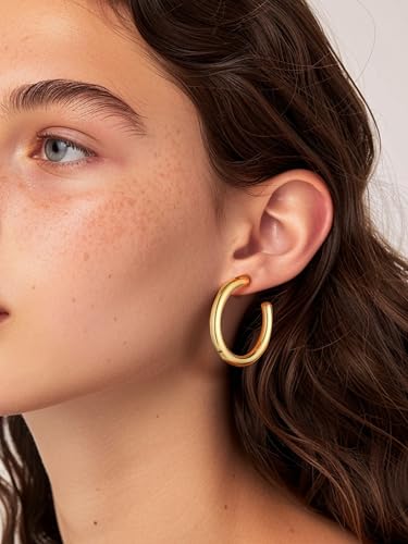 Image of Stainless Steel Chunky Hoop Earrings For Women, Minimalist and Chic, Black /Gold Plated, Round Hoops Earrings Hypoallergenic, Size: 30mm /40mm /60mm /80mm, Come with Box