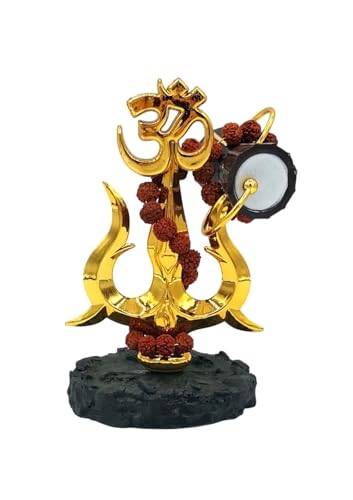 Image of Om Trishul with Damroo /Damru & Rudraksha Mala | Gold-Plated Religious Showpiece for Car Dashboard, Home Temple & Office Decor | Hindu Spiritual Gift Item DAMROO