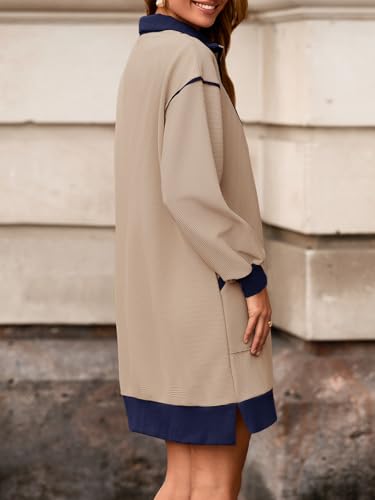 Image of Wenrine Womens Half Zip Sweatshirt Dress Fall V Neck Contrast Mini Dresses