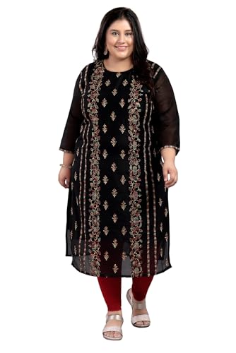 Image of DREAM & DZIRE Women's Chanderi Cotton Kurti | Floral Hand Embroidery | 3 /4 Sleeve | Round Neck | Calf Length Straight Kurta | Beige | S to 8XL Plus Size