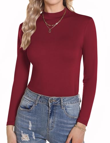 Aottori Camiseta Cuello Alto Mujer Manga Larga Basica Ropa Interior Algodón con Cuello Vuelto Slim Fit Ligera Térmica Primavera Otoño Invierno Rojo Vino L