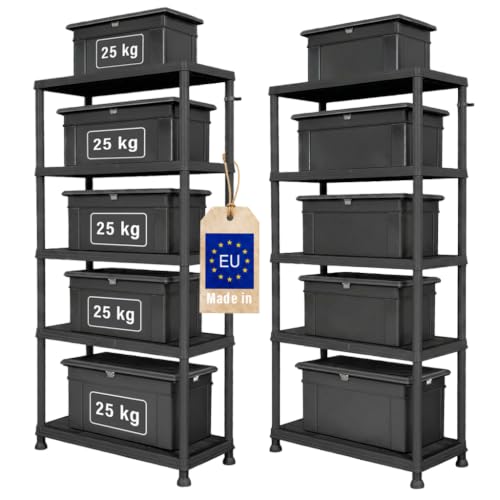 FIXKRAFT 2er-Set Steckregal Kunststoff Keller Regal für Abstellraum & Vorratsregal Küche 176cm Hoch Kunststoffregal zum Stecken 5 Böden Kellerregal Schmal in Schwarz (2 5 Böden)