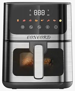 Concord Air Fryer 5 Liter | 1400 Watts | Digital Coloured Touch Screen | See Through Window | 8 Preset Menu | 1.5 Meter Long Cord | Uses 95% Less Oil | Rapid Hot Air Circulation (Black,Silver)