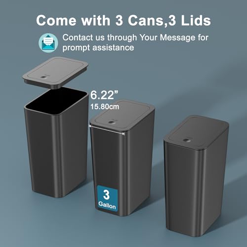 n netdot 3 pack small trash can with lid 3 gallon bathroom trash cangarbage can slim trash bin waste basket for bathroomkitchenbedroomliving roomofficelaundry - black