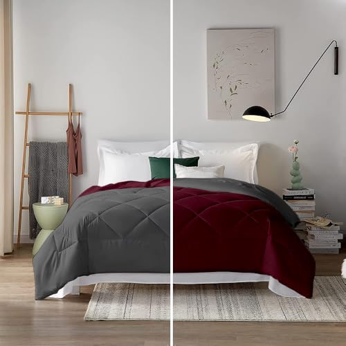 Image of Filbert 600 GSM Comforter for Double Bed | Super Warm Winter Quilt /Rajai | Thick Microfiber Blanket with Cloud-Soft Fill | Luxury Bedding for Winters - 90x100 Inch | Wine /Dark Grey