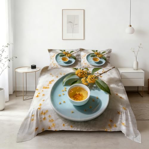Housse de Couette 240x260 Parure de Lit Microfibre Thé à l'Osmanthé avec Taies - 5
