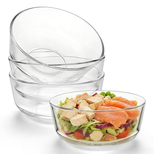 Aleker 14cm Glass Bowls Set of 4 600ml Clear Round Salad Cereal Bowl Yogurt Fruit Bowl Stackable Crystal Glass Mixing Bowls for Baking for Cake Ice Cream Sauce Snack Fruit Crumble Dishwasher Safe