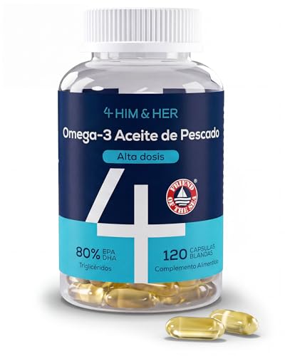 Omega 3 EPA y DHA Cápsulas 1334mg, FOS Certificado – Alta Concentración 80% rTG – Sin Sabor a Pescado y Fácil de Tragar – 668mg EPA, 500mg DHA – Aceite de Pescado – 120 Perlas (2 Meses) – 4 HIM & HER