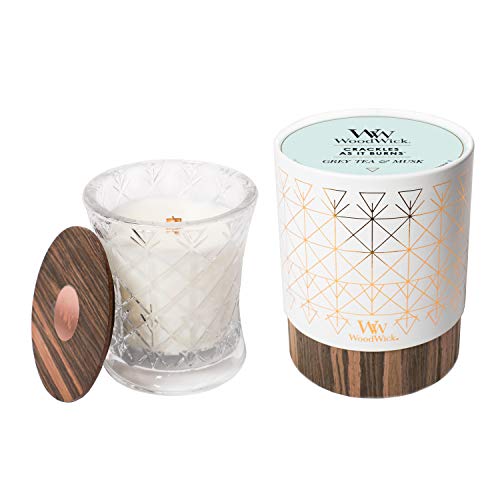 Woodwick Aura, Grey Tea-Musk Candle #TOP29