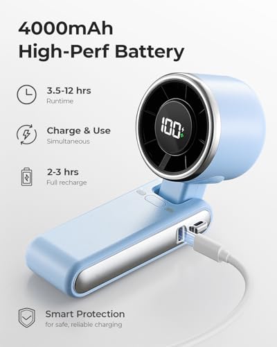 Image of Portable Handheld Turbo Fan - 5 Gear High Speed 4000mAh Rechargeable Mini Personal Hand Fan Blow Cold Air, Battery Operated Travel Essentials, Gifts for Women, Men (Dew Drop Blue)