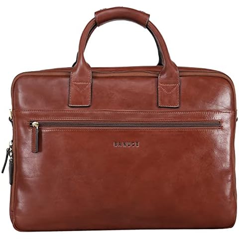 Banuce Full Grains Italian Leather Briefcase for Men Attache Case Business Work Bags for 14 inch Laptop with Luggage Strap Detachable and Adjustable Strap Vintage Brown Cover