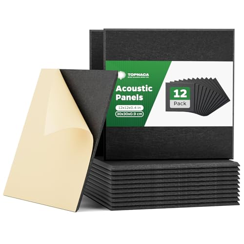 Topnaca 12 Pack Sound Proofing Panels, Square 30x30x0.9cm Self Adhesive Soundproofing Panels, High Density Acoustic Absorbing Panels for Wall, Recording Studios, Home, Office（Black）