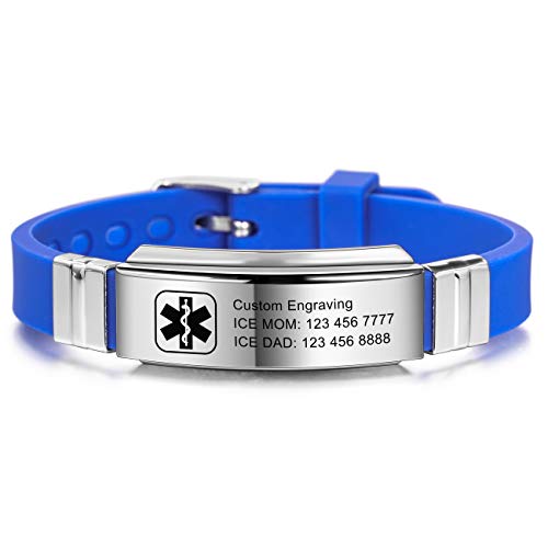 MOWOM Medical Bracelet Custom Engraved Silicone Adjustable Sport ID Identification Alert Stainless Steel - Bundle with Emergency Card, Holder (Blue,Custom Engraving