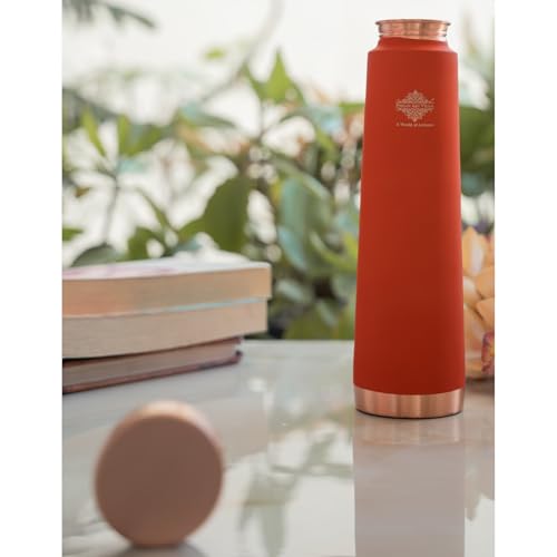 Image of INDIAN ART VILLA Pure Copper Orange Pyramid Ombre Silk Finish Bottle - 800 ML, Ayurvedic Health Benefits, Ideal for Home, Office, Gym & Travel