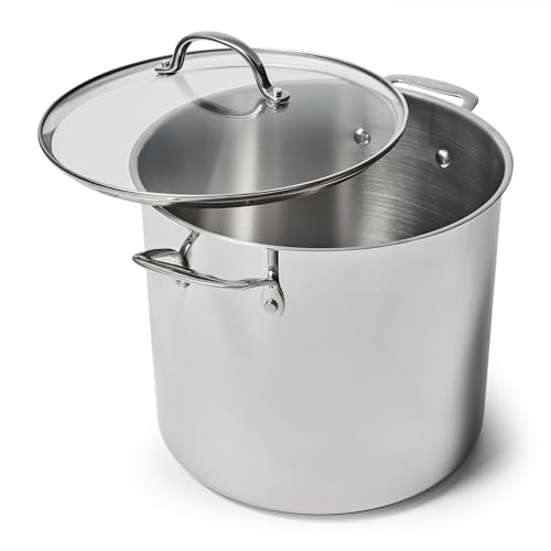Sur La Table 16-Quart Stainless Steel Stockpot – Large Capacity Soup & Stew Pot with High Sides and Wide Base, Impact-Bonded Warp-Resistant Base, Riveted Handles, Oven & Induction, Rolled Rim for