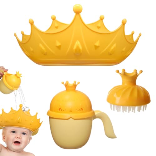 Image of SNOWIE SOFT Baby Shower Cap Hair Brush Rinse Cup Soft Silicone Crown Cap Adjustable Bath Cap Protecting Eye & Ear for Baby Shower Gift Set, Yellow Infant Bath Protection Kit