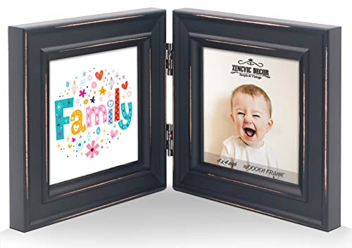 Double 4X4 Wood Photo Frame Instagram, Hinged Picture Frames, With Glass Front, Fit For Stands Vertically On Desk Table Top Or Wall Hanging (Window 3.5 X 3.5 Picture, Black Color) #TOP3