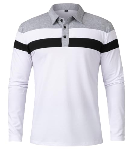 MANSDOUR Men's Polo Shirts Casual Long Sleeve Polo Shirt for Men Slim Fit Cotton Work Shirts Fashion Patchwork Collared Golf Shirts Lightweight Button Down Rugby Sports Tennis Pullover Tops