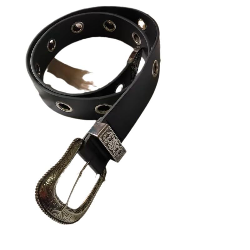 Western Style Leather Belt with Silver Buckle, Black, Metal Grommets, Decorative Tip2