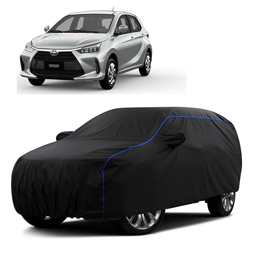 Image of Sulfar 100% Water Resistant Car Body Cover Compatible with Mirror for Toyota Wigo (Triple Stitched, Full Bottom Elastic, Black Tafetta with Blue Piping)