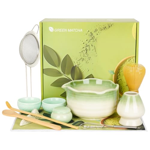DNANAOL Matcha Whisk Set Matcha Kit - 12Pcs Ceramic Matcha Set Includes Matcha Bowl with Spout & Measuring Spoon & Cup, Japanese Ceremony Mat cha Tea Making Tools