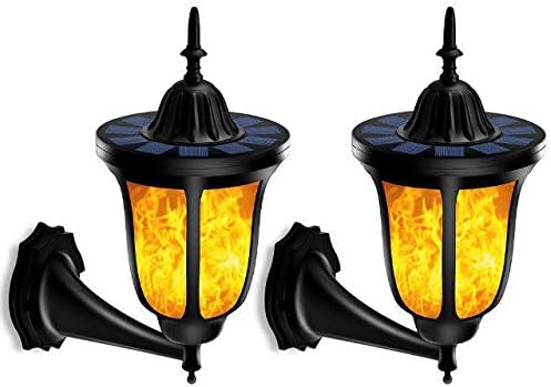 Vintage Solar Wall Lights, 2 Pack - Flickering Flame, Waterproof, Black Aluminum, LED, Outdoor, Patio, Porch, Yard, Garden, Garage