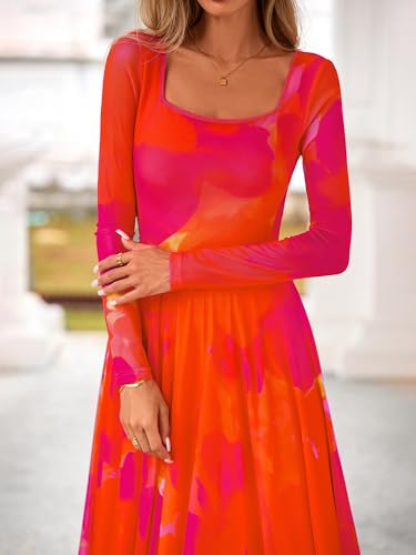 BTFBM Women Maxi Dress Fall 2025 Fashion Elegant Long Sleeve Square Neck Floral Print Party Club Wedding Guest Dresses