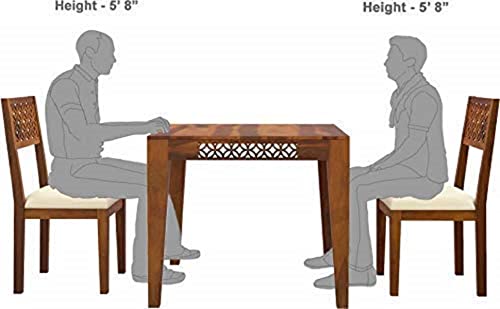 Image of Sheesham Wood 2 Seater Dining Table with 2 Cushion Chairs for Dining Room Living Room Home Office Wooden CNC Design Dinner Table Furniture (Teak Finish) | 1 Year Warranty