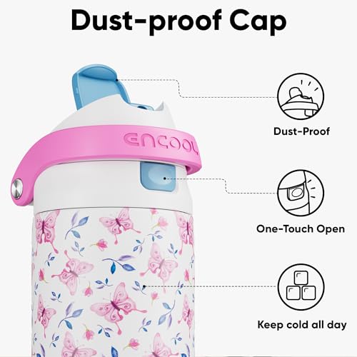Image of ENCOOL Leakproof Insulated Water Bottle with Straw Dual-Sip Water Bottle Bag-Safe Design for Work, Commute & Gym - Keeps Drinks Cold All Day, 32 oz, Blossom Butterfly