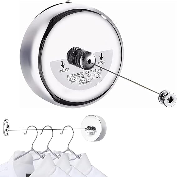 Image of Khedu Fab Stainless Steel Retractable Clothesline Lockable Hanging Washing Line, Wall-Mounted Wire Clothes line /Cloth Line Laundry Drying Rope for Indoor /Outdoor /Balcony (Silver)