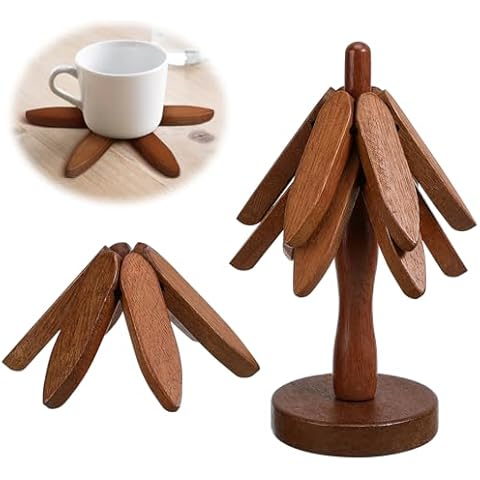 PartyKindom Wooden Trivets for Hot Dishes: Walnut Tree Coasters Foldable Wood Tree Trivets for Hot Pots Bowl Teapot Pans Christmas Table Decor (3 Layers + 1 Stand) Cover