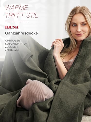 Ibena Porto Decke 150x200 cm – Baumwollmix weich, warm & waschbar, Kuscheldecke Oliv einfarbig