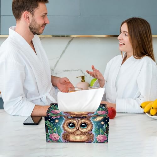 Image of DIY Diamond Painting Tissue Box, Owl Design Diamond Art Wooden Napkin Holder, Decorative Rhinestone Craft Kit for Adults, Desktop Crystal Rhinestones Art Box for Home Decor & Organizer