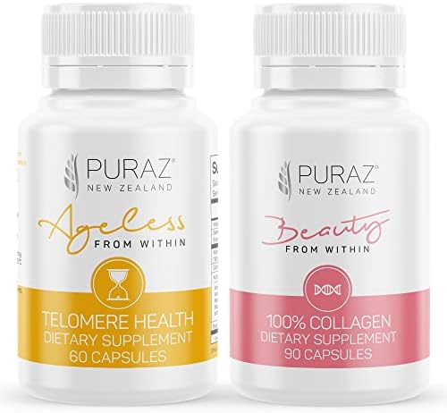 PURAZ Collagen Peptides Supplements - Infused with Antioxidants (60 Capsules) Telomere Supplements w/Potent Astragalus Root Extract and Collagen (90 Capsules)