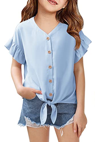 Image of Girls Ruffle Short Sleeve Shirts V Neck Tie Front Knot Tops Button Cute Tunic Shirts Blouse