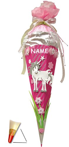 Unbekannt BASTELSET Schultüte - Einhorn 85 cm - incl. Namen - mit Holzspitze - Zuckertüte Roth - ALLE Größen - 6 eckig Mädchen Pferde Blumen Einhörner