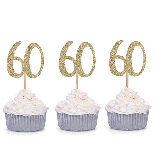 Set of 24 Golden 60th Birthday Cupcake Toppers Party Decors - by Giuffi