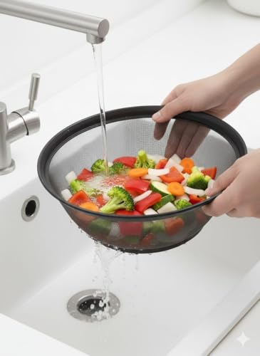 Image of Premium Stainless Steel Mesh Fruit & Vegetable Washing Basket - Multipurpose Strainer Bowl for Kitchen, Durable Rust-Free Colander in Variant Size (Black, 28CM)