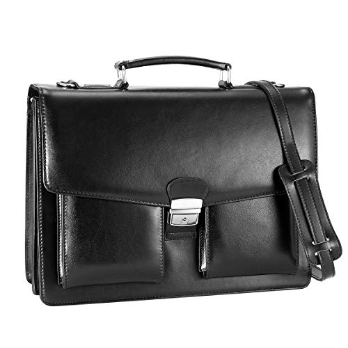 DanPi Leather Briefcase for Men Cowhide Laptop Briefcase with Lock 14 inch Black