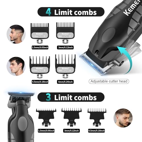KEMEI Cortapelos profesional para hombres, juego completo de cortadora de peluquería inalámbrica con cuchilla en T, kit completo de corte de pelo eléctrico con 7 guías, cuerpo de metal, recargable - imagen 2