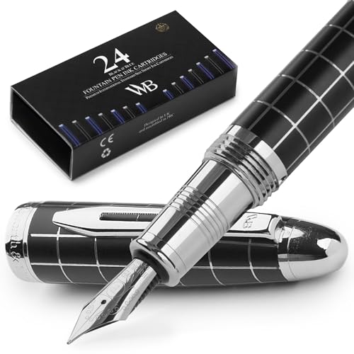 Image of Wordsworth & Black Majesti Fountain Pen Set for Writing, Fine Nib | Checked, Gift for Men Women, Chrome Finish, 18K German Iridium, Calligraphy, Converter + 24 Ink Cartridges, Refillable