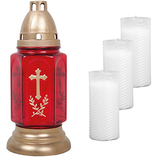 HS Candle Grableuchte aus Glas (24cm) mit Kreuz inkl. 4 Nachfüllkerzen - Design Bella rot