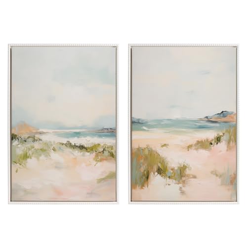Kate and Laurel Sylvie Beaded Tranquil Landscape III and V Vintage Framed Canvas Wall Art Set by Amy Lighthall, 2 Piece Set 23x33 White, Abstract Nature Painting Art for Wall